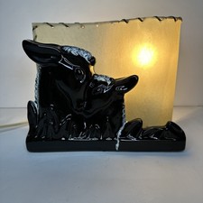 Vintage 1950's MCM Television Lamp light Shade Deer Doe & Fawn Black Ceramic picture