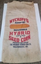 VINTAGE WYCKOFF HYBRIDS SEED CORN BURLAP BAG, SACK, VALPARAISO, IN picture