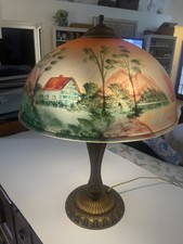 1920’s Art Nouveau Reverse Painted Shade Lamp Cast Iron Brass Landscape # 1876 picture