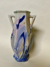 Antique Mueller Art Pottery Hexagonal Vase Handle Glossy Ceramic 6 3/4 x 3 1/2 picture