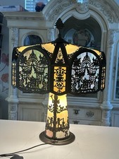 NW Art Shade Co Chicago Slag Glass Lamp Antique 1920s Metal Overlay Lighted Base picture