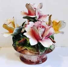 Vintage Capodimonte Porcelain Flower Basket Made In Italy Rose Bouquet Pink Yel. picture