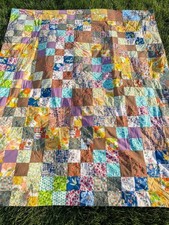 Vintage 1970s Scrappy Patchwork Quilt Queen Full Size Machine Tacked Retro Boho picture