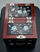 Mid-Century Korean JEWELRY BOX Vanity Station, Mirror Laquerware Mother of Pearl picture