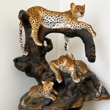 Huge Vintage Leopard Family Sculpture Mama Papa & 2 Cubs 16”x12” Wildlife Statue picture