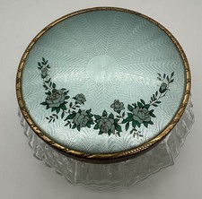 VTG 1930’s Guilloche Enamel Blue Lid Glass Dresser Jar Powder Trinket Makeup picture