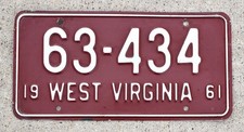 1961 WV West Virginia Vintage License Plate 63-434 - excellent condition picture