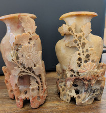 Vintage Chinese Carved Soapstone Spill Vases Matched Pair Floral Motif 6