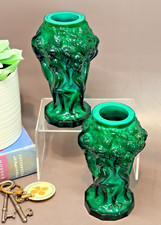 Vintage Malachite Green Slag Glass Grecian Dancing Nudes Urn Vase Art Deco picture