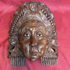 Balinese Carved Wood Elder Woman Mask Bhoma Crest Inset Eyes 11 In picture