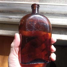 RARE 1870s STAR INSIDE STAR AMBER ODD OVAL SIDE SEAM WHISKEY FLASK STAR GLASS CO picture