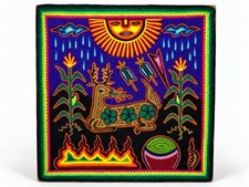 Huichol Style Yarn Art Deer Sun Flowers Colorful Mexican Folk Art 12” Square picture