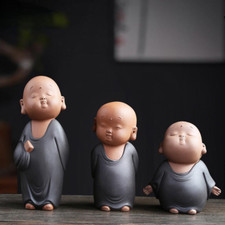 3pcs China Handmade Yixing Purple Clay Buddhist Monk Statue Tea Pet Tea Set picture