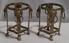 (2) Brass Lion Head Mouth Loop/Rings Votive Candle Holder No Glass Vintage Pair picture