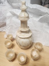 vintage hand-carved honey-and-cream onyx stone liqueur and decanter set picture