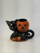 Vintage Halloween 1950s Rosbro Plastic Black Cat And Pumpkin Candy Container picture