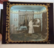 1905 G W Bond Chicago Magic Lantern Glass Slide Hand Tinted Woman Bedroom Scene picture