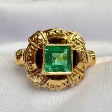 18K YELLOW GOLD - SQUARE CUT COLUMBIAN EMERALD (.62Ct) ART DECO STYLE RING #6.5 picture