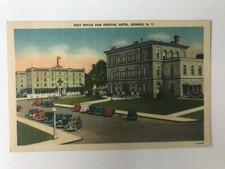 Postcard NY Oswego Post Office Pontiac Hotel Street View Cars Linen c1930's picture