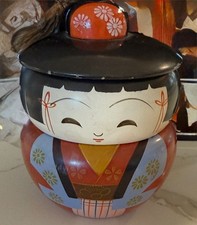 Vintage Japanese Bento Kokeshi Doll Hand Painted Lacquer Round Trinket Box MCM picture