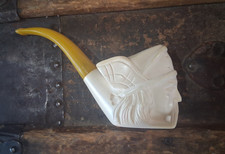 Vtg RARE Hand Carved Artisan Meerschaum Smoking Pipe Warrior Face & Amber stem picture