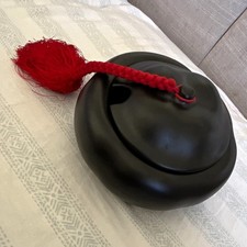 L. Peretti for Tiffany Black Ceramic Lidded Pumpkin Jar Red Tassel Italy picture