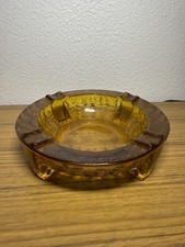 Vintage Amber Gold Glass Footed Round Ashtray 6 3/4” diameter Cigar Cigarette picture