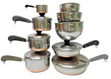 14pc Lot Vtg REVERE WARE Pre-1968 Copper Bottom Skillets Saucepans + Extras c.20 picture