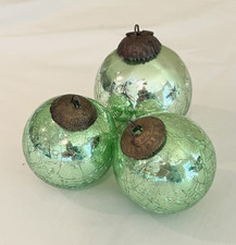 Lot 3 VTG Midwest Kugel Light Green Crackle Glass Ornaments Heavy Brass Cap picture