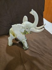 Vtg Hand Blown Art Glass Elephant Figurine Trunk Up Green White Swirl W Label picture