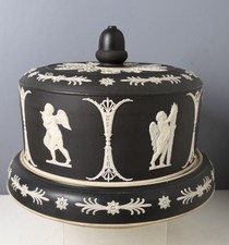 RARE BLACK /WHITE ANTIQUE WEDGEWOOD JASPERWARE CUPID CHEESE DOME & PLATE picture
