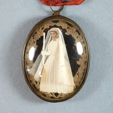 Early 1800s Antique Victorian Bubble Glass Communion Hanging Framed Plaque picture