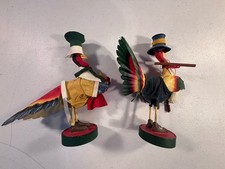 Two Vintage Tin Hand Painted Dressed Turkey Thanksgiving Taper Candle Holder 8” picture