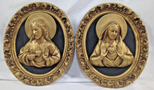 Vintage Mid Century Chalkware Sacred Heart of Jesus & Mary Wall Plaque Pair Gold picture