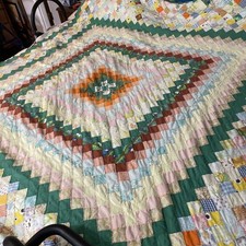 Vtg Trip Around World quilt hand stitched 77 X 70 Small Twin Green Floral NOTE picture
