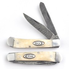 Trapper Pocket Knife – CAMEL BONE Handle – Dual Blade–Damascus Steel Folding-USA picture