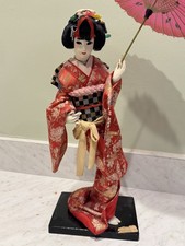 Vintage Japanese Geisha Doll Silk Kimono on Stand Maiko Folk Craft H: 14.5 in picture
