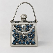 NOS Vintage Purse Perfume Decanter Pewter Blue Floral Rhinestone w Box picture