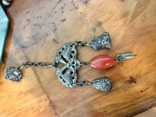 Antique Chinese Qing Silver Chatelaine Bat Pendant Carnelian Bead Charms Hook picture