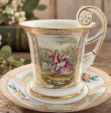 Vintage Porcelain Cup & Saucer Courting Couple Gold Gilt Ornate Pierced Handle picture