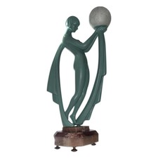 1930s Art Deco Lady Lamp, Patinated Spelter Dancer Sculpture, Marble Base. picture