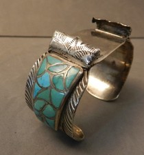 VTG ZUNI FRANCIS LEEKYA TURQUOISE RANDOM CHANNEL INLAY WATCHBAND, SIGNED, SZ 7+ picture