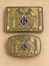 Vintage 1978 & 1981 Harry Klitzner Solid Bronze Masonic Belt Buckles Lot of 2 picture