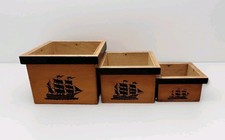 Set of (3) Vintage Japan Wooden Nesting Boxes w/ Nautical Tall Ship Prints picture
