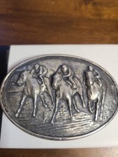 Vtg RARE DIABLO Sterling Silver Overlay Belt Buckle 3 Jockeys On Horses Racing  picture