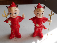Little Devil  Salt & Pepper Shakers with Metal Pitchforks and  Fabric Tails 3.5