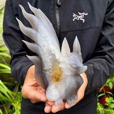 1.66LB Natural Agate Geode Hand Carved Nine-tailed Fox Quartz Crystal Decor picture