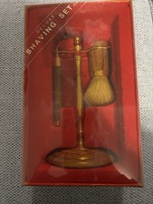 Vintage Deluxe Shaving Set Razor Brush Gold Tone Stand Wood Handles Boxed picture