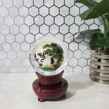 Vintage Chinese Reverse Hand Painted Cranes Revolving Sphere Orb with Wood Stand picture