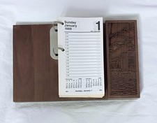 Vintage Laser Engraved Dark Wood Desk Calendar & 1989 Calendar Refills picture